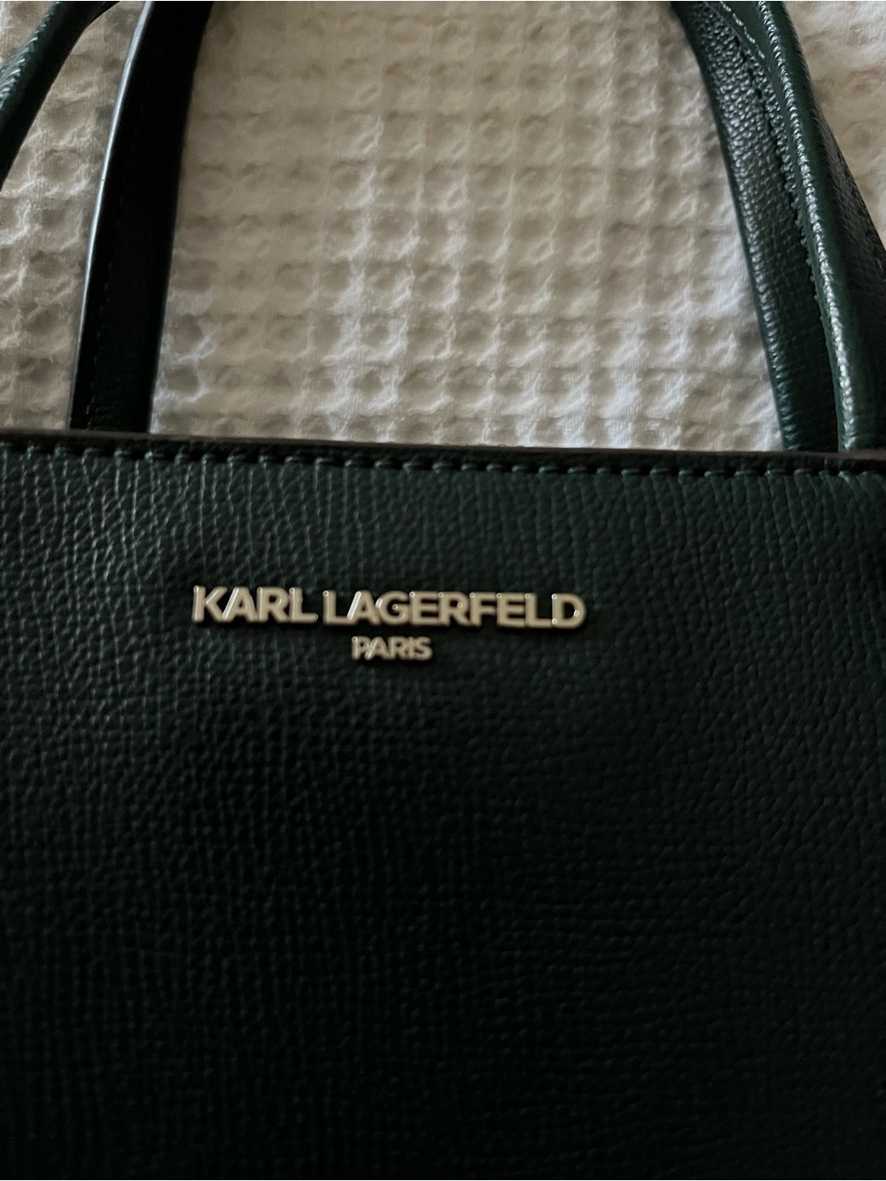 Karl Lagerfeld Deep Green Textured Tote with Gold Logo